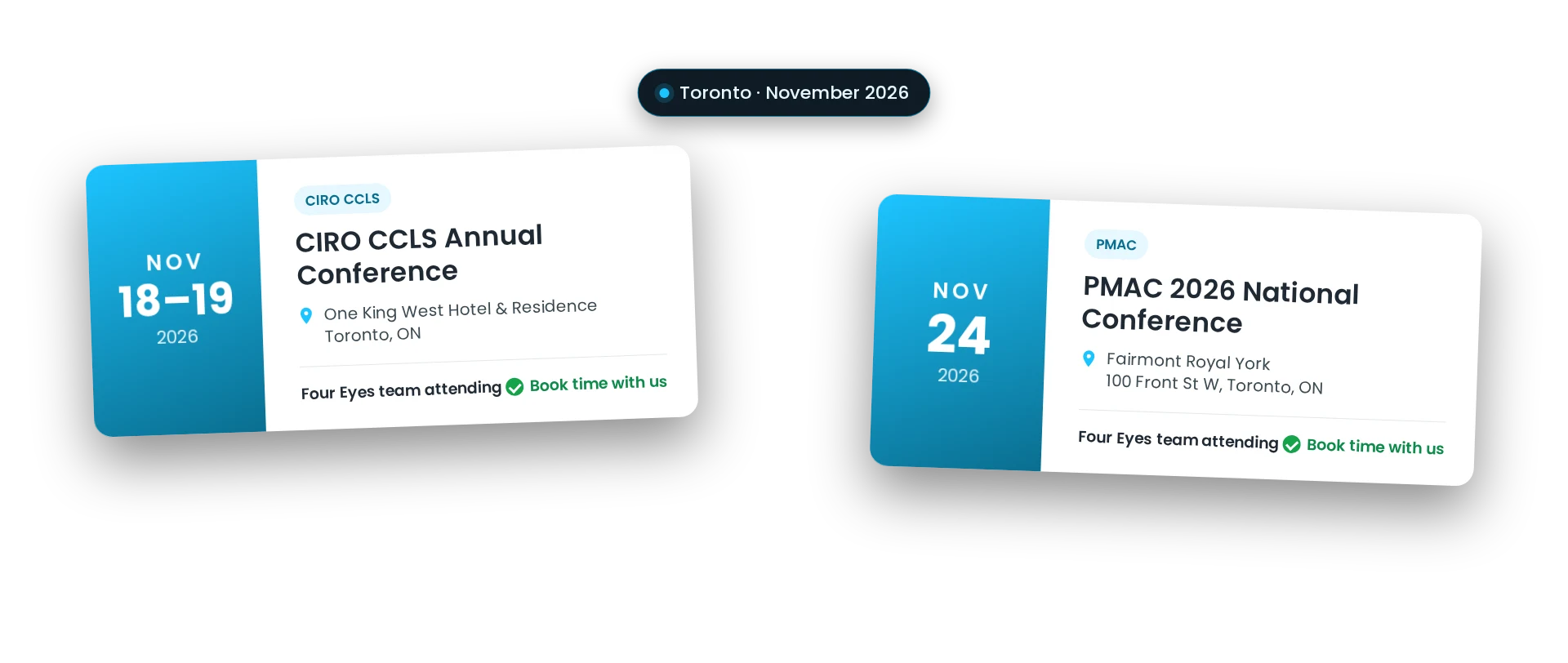 Two event tickets for November 2026 in Toronto: the CIRO CCLS Annual Conference on November 18–19 at One King West Hotel & Residence, and the PMAC 2026 National Conference on November 24 at the Fairmont Royal York